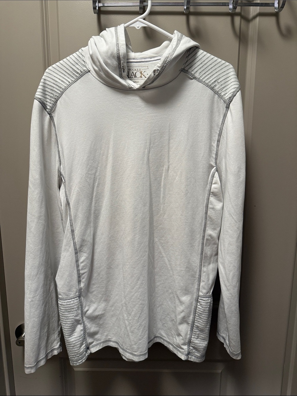Black Label Men's White Crewneck Hooded Sweater with Ribbed Shoulder Detail